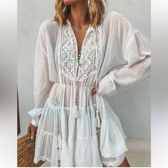 Free People White Boho Peasant Dress Size S/M - Picture 8 of 8